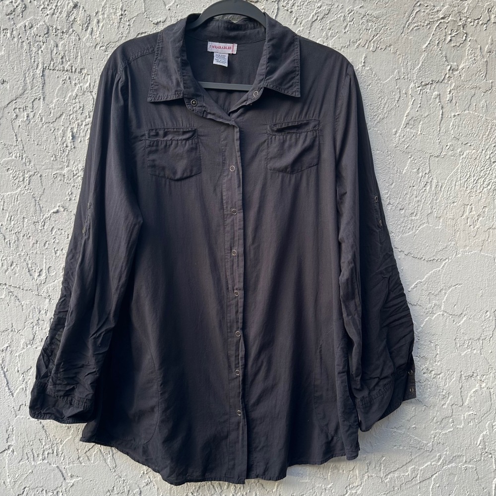 XCVI WEARABLES Black Long Sleeve Button Up Shirt Roll Tab Cuff Women Large